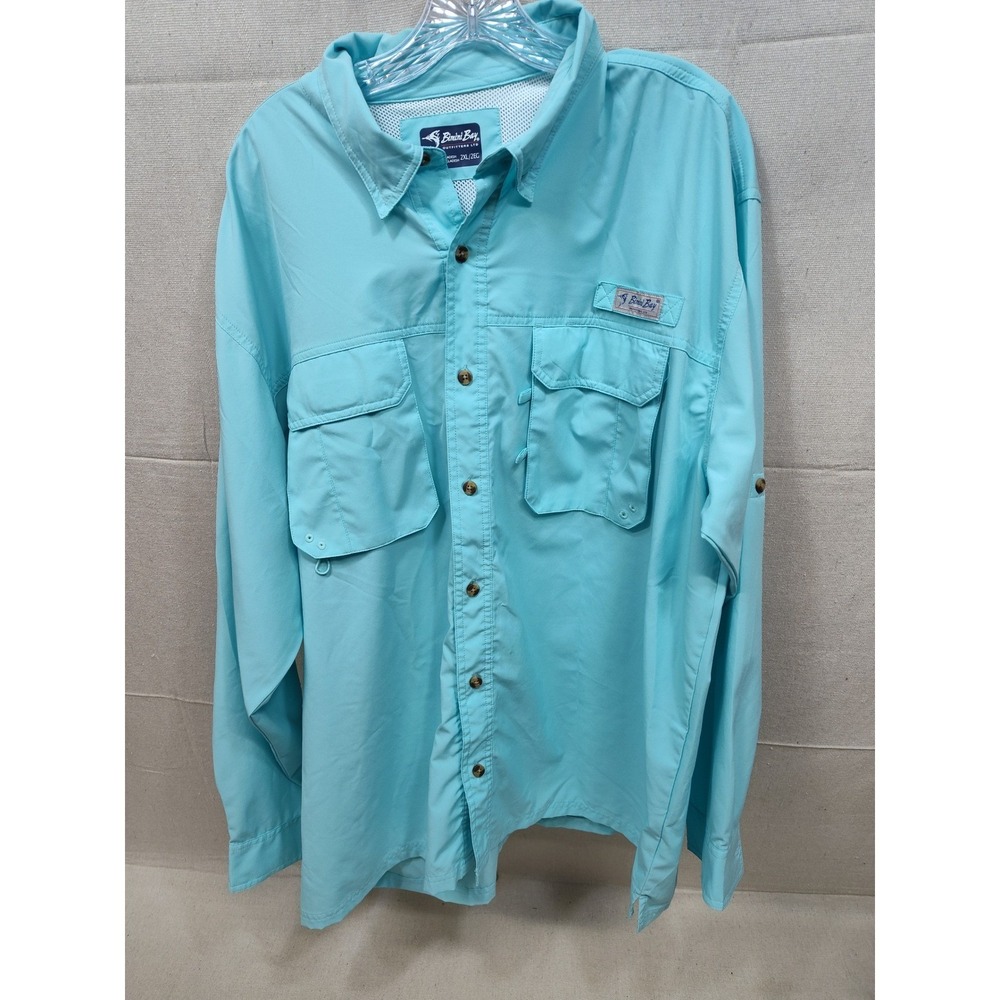 Bimini Bay Outfitters Men 2XL Fishing Shirt Aqua Blue Vented Long Sleeve Pockets